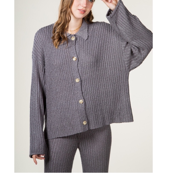 VERY J Charcoal Gray Chic 2-Piece Ribbed Top And Pants Set - Picture 3 of 5